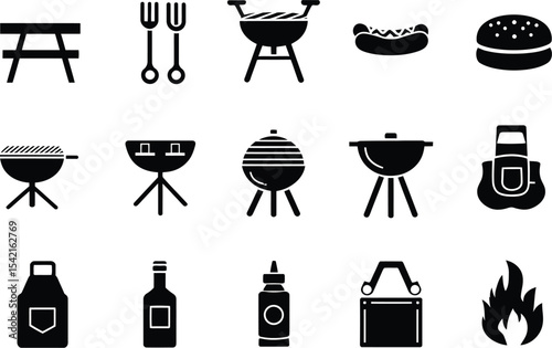 15 Black Silhouettes of Outdoor Cooking Tools, Food Items, and Picnic Essentials for Summer BBQ Themes