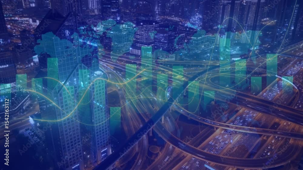 image of data processing over cityscape. global business, digital interface, connections and digital interface concept digitally generated image.