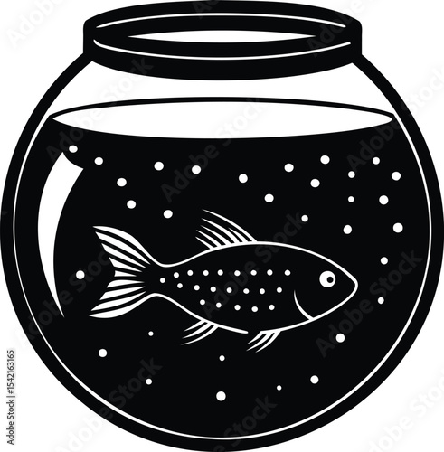 Silhouette of a fish inside a fishbowl with bubbles in black and white