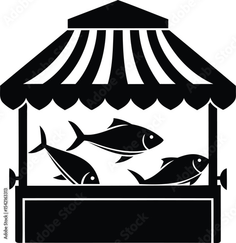 Iconic Representation of a Black and White Fish Market Stall with awning