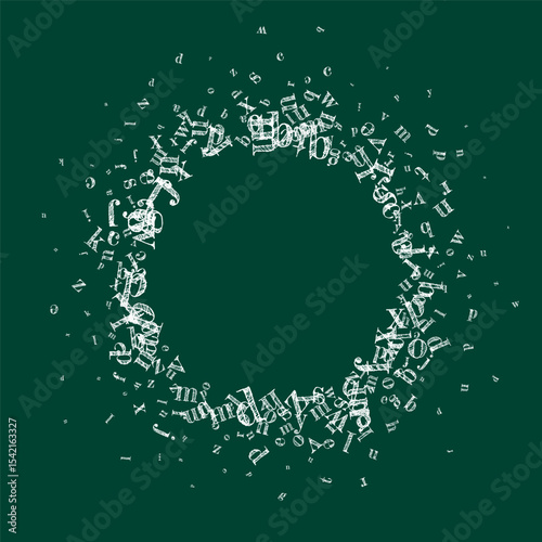 Flying latin letters. White chalk  scattered