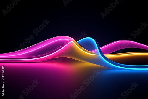 Abstract Neon Wave Forms Glowing Pink Blue and Gold Vibrant Color Swirls Dark Background Illuminated Curves Dynamic Energy Light Design