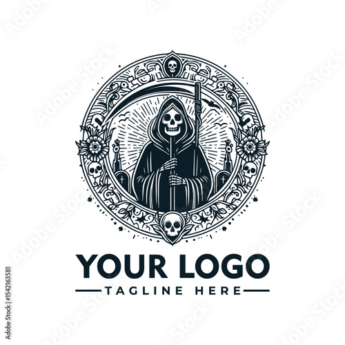 A stylized illustration of the Grim Reaper holding a scythe, framed within a decorative circular border.