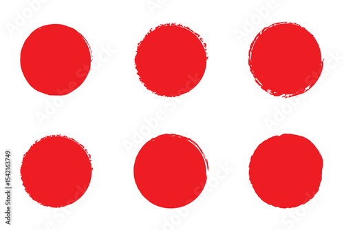 Set of red grunge circles. Stamp with jagged edges. Japanese sun isolated on white background.