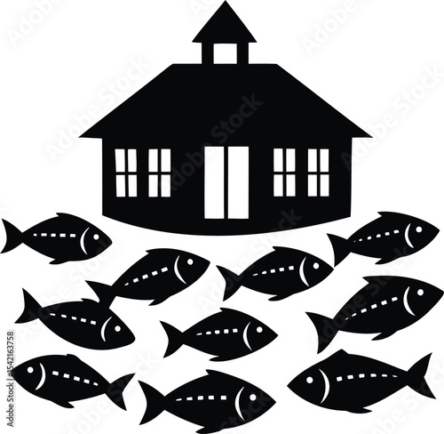 Black and White Illustration of a School House Surrounded by Fish