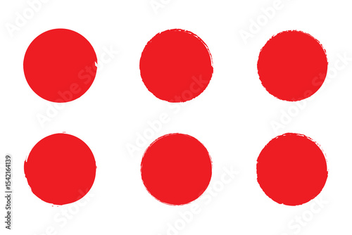Set of red grunge circles. Stamp with jagged edges. Japanese sun isolated on white background.