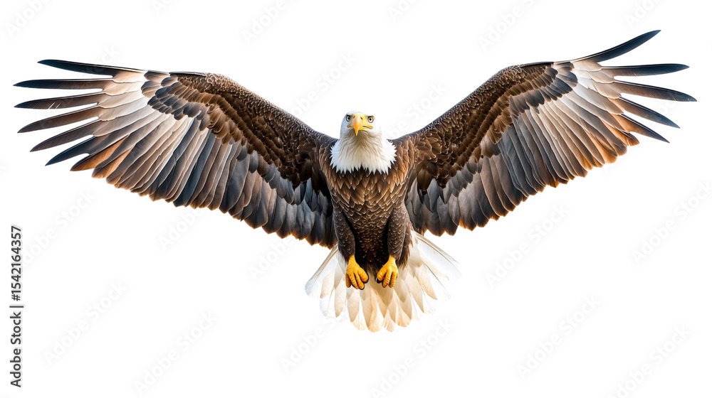 Fototapeta premium Majestic bald eagle gliding with open wings on transparent background