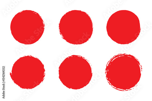 Set of red grunge circles. Stamp with jagged edges. Japanese sun isolated on white background.