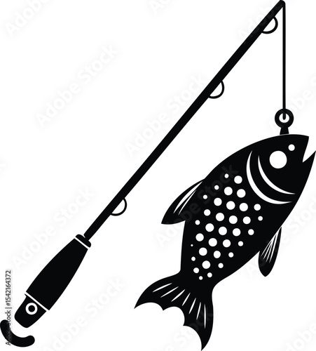 Silhouette of a fishing rod with a fish caught on a hook