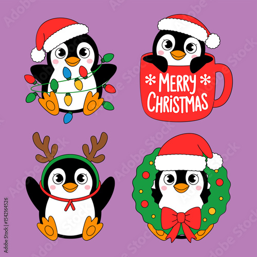 Cute Christmas Penguin Characters Vector Illustration Set