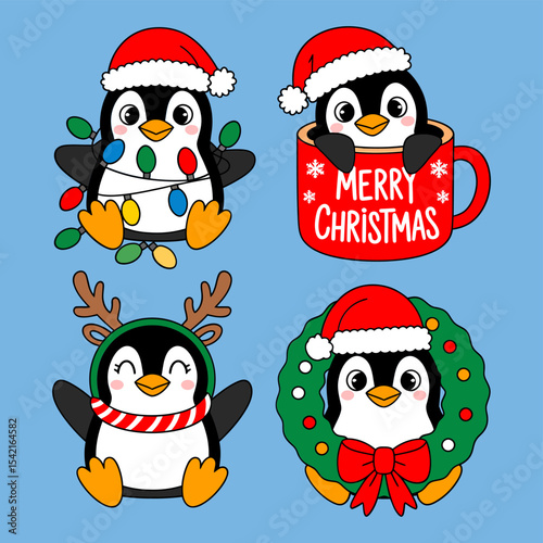 Cute Christmas Penguin Characters Vector Illustration Set