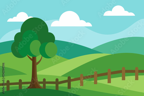 Peaceful Countryside Landscape with Rolling Hills and Wooden Fence