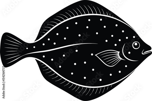 Black and white silhouette drawing of a spotted flatfish viewed from side