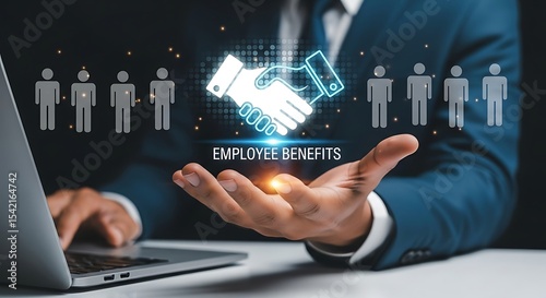 Employee Benefits and Incentives strategy Concept .Corporate Human Resource Management and Benefits Plan ,Corporate Benefits Strategy for Workforce Engagement ,employee benefits and handshake icon. photo