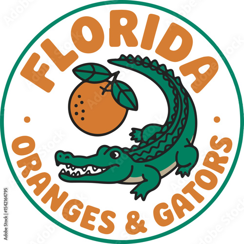 Florida Oranges and Gators Circular Logo Design Featuring an Orange and Alligator Illustration in Orange Green