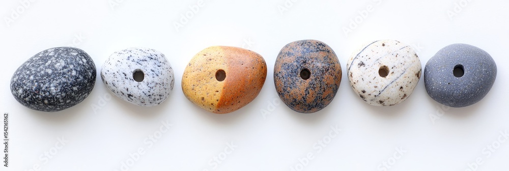 Obraz premium Row of speckled, smooth, stone-like beads with holes