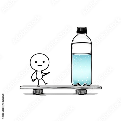 Simple stick figure balances on a board with a large soda bottle