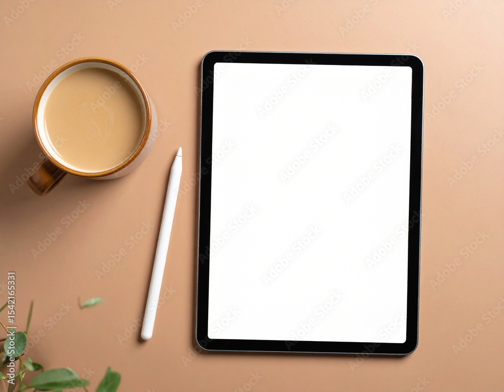 Minimalistic flat lay of a digital tablet with a blank white screen, a coffee mug, a stylus, and a plant on a warm beige desk surface, creating a calm, modern workspace atmosphere.
Minimalistic flat lay of a digital tablet with a blank white screen, a coffee mug, a stylus, and a plant on a warm beige desk surface, creating a calm, modern workspace atmosphere.