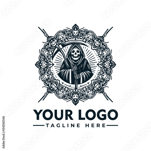 A stylized logo featuring a grim reaper, intricate decorative elements, and space for a tagline.