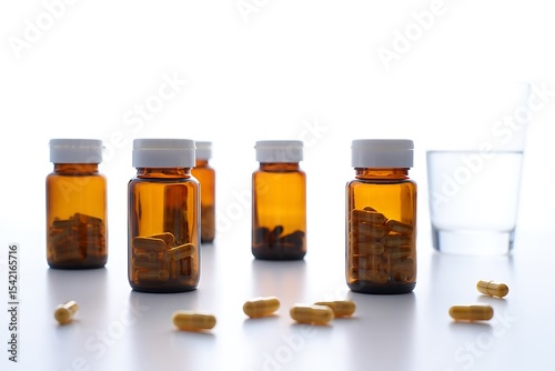 Amber Glass Pill Bottles Filled with Yellow and Dark Brown Capsules Several Bottles and Scattered Capsules on White Surface Near Glass of Water