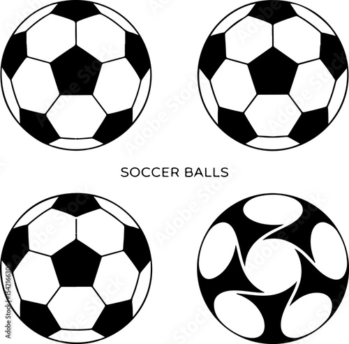 Four Black and White Soccer Balls Graphic Design Elements Classic Style Football Icons Sport Ball Illustrations