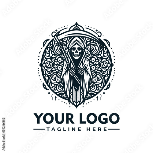 Grim reaper logo design, ornate mandala background, monochrome style.