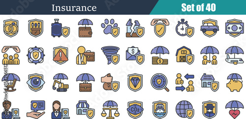 Comprehensive Insurance Icon Set Forty Professional Flat Design Elements for Business Marketing