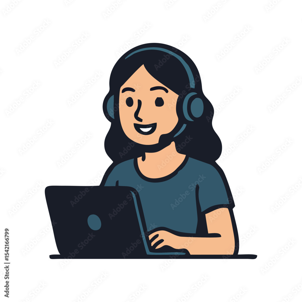Customer support professional young woman smiling headset operator working on laptop providing helpdesk hotline chat assistance remote communication digital service and friendly client relation suppo Customer support professional young woman smiling headset operator working on laptop providing helpdesk hotline chat assistance remote communication digital service and friendly client relation suppo