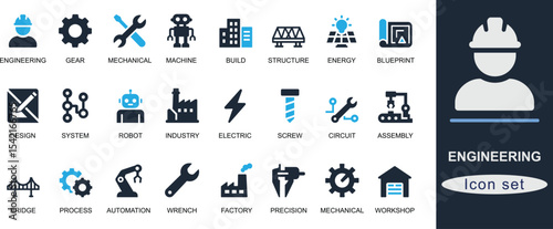 Solid  engineering icon set with gear, machine, robot, tool, factory, CAD, automation, and system. Ideal for industry, UI, mechanical and tech design.