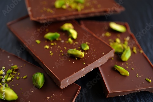 Dark Chocolate Bars Topped with Pistachios Close Up View Rich Brown and Green Hues Gourmet Dessert Sweet Treat Luxurious Indulgence Delicious Confectionery