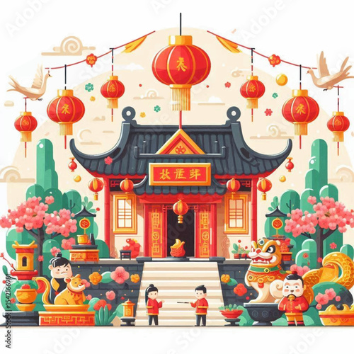 Chinese temple with red lanterns lion statues and figures in traditional garb
