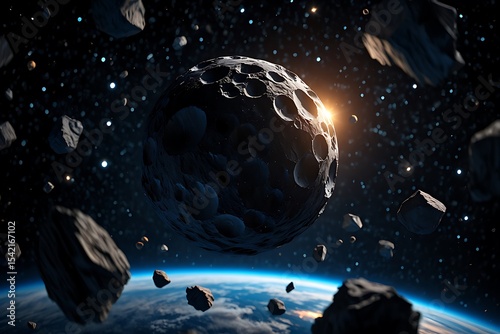 Dark Gray Cratered Asteroid Approaching Earth Orbit Surrounded by Space Rocks and Distant Sun Glowing Orange in Deep Space Background
