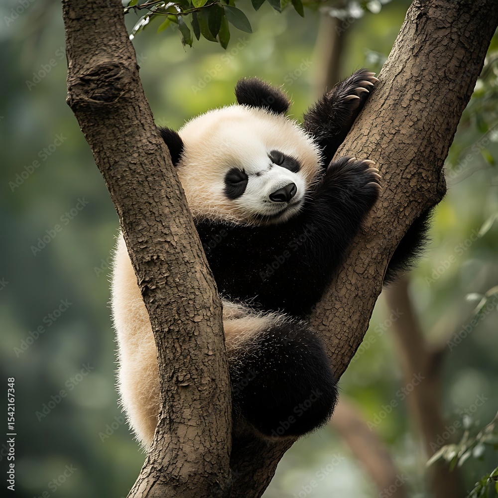 Obraz premium Sleeping panda hanging tree calm forest environment peaceful nature pose cute animal wildlife tranquility image