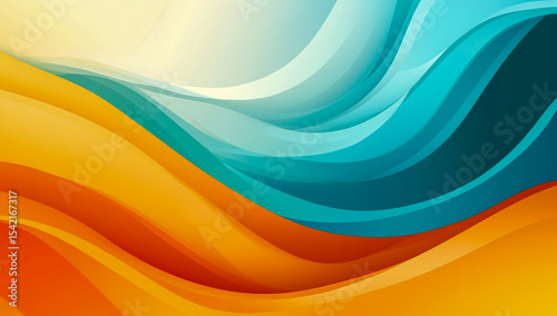 Abstract background featuring dynamic swirling waves of vibrant orange, dark blue, and lovely blue, creating a fluid and vibrant color composition.