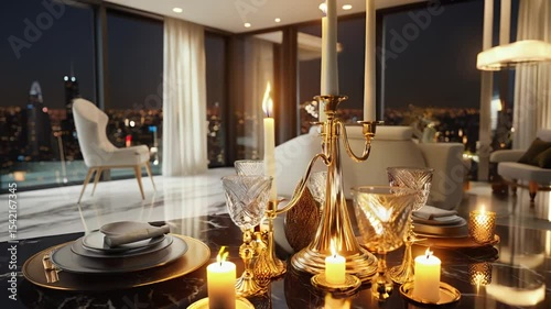 Tight close-up shot of a luxury penthouse living room with marble floors, high-end furniture