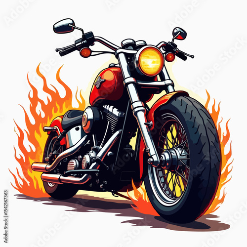 Vector t-shirt design with biker motorcycle
and fire on white background.
Fashionable print for fabric, paper, men clothing,
hoodie, biker jacket. T shirt template with flame.