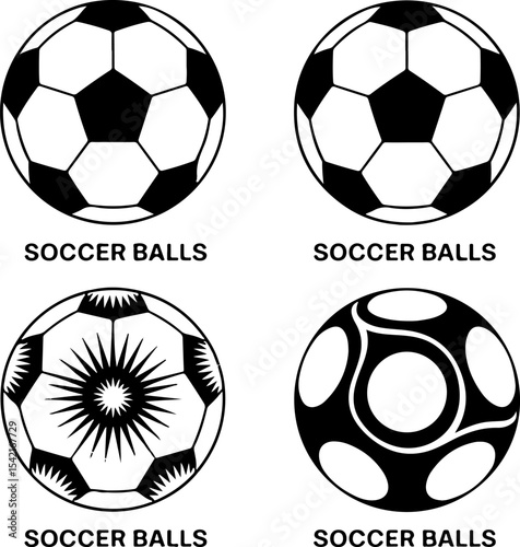 Four Black and White Soccer Balls Graphic Design Elements Different Patterns Classic Style Sport Icons Football