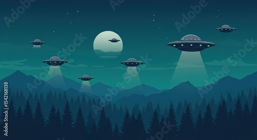 UFOs Over Mountain Landscape at Night