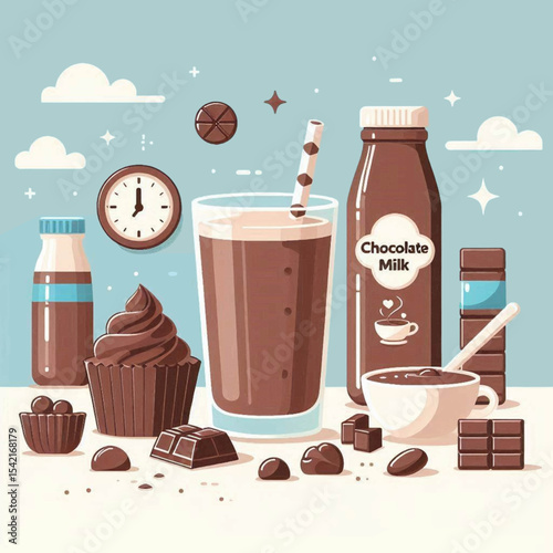 Chocolatethemed still life drink cupcake pieces  bottles arranged against light blue backdrop