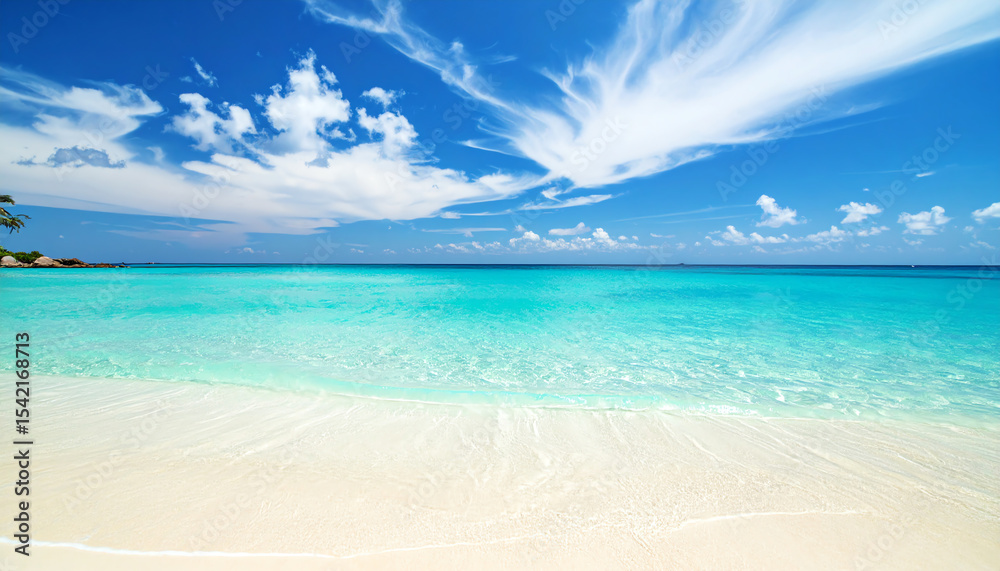 Obraz premium A serene beach scene featuring crystal-clear turquoise waters, soft white sand, and a bright blue sky with fluffy clouds