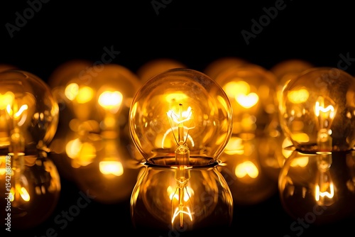 Glowing Amber Glass Edison Bulbs Reflecting in Dark Surface Multiple Illuminated Lightbulbs Warm Yellow Light Dark Background