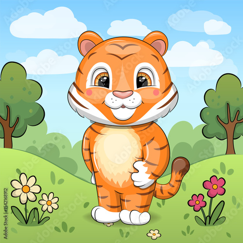 Cute cartoon Tiger in nature. Vector illustration of an animal with red flowers, green grass and trees.