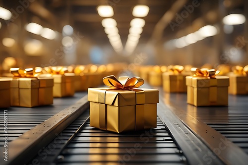 Gold Gift Boxes Moving on Conveyor Belt in Factory Setting Many Golden Presents with Bows Industrial Production Line Shiny Packaging Luxury Products Festive Merchandise