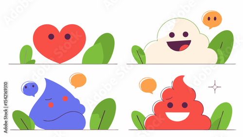 cute funny poop icons set with happy emotions