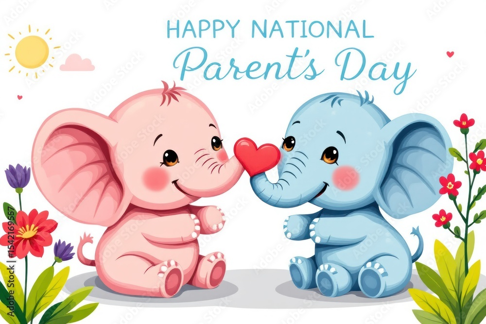 Naklejka premium Cute elephants celebrating Parents Day illustration with flowers