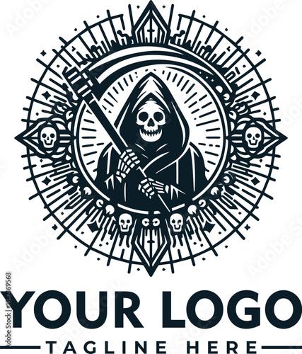 A grim reaper logo design, featuring a skeleton in a hooded cloak, holding a scythe, surrounded by skulls and a decorative circular pattern.