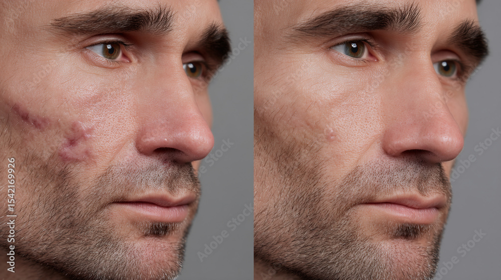 Fototapeta premium Collage of a man's face before and after acne treatment.