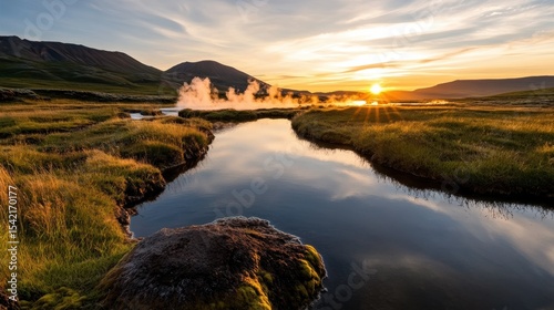 Exploring geothermal energy sources in scenic landscapes mountainous region nature tranquil environment sunset view