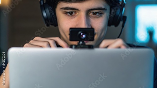 Young man focused on a laptop with a webcam and headphones, engaged in a virtual activity.