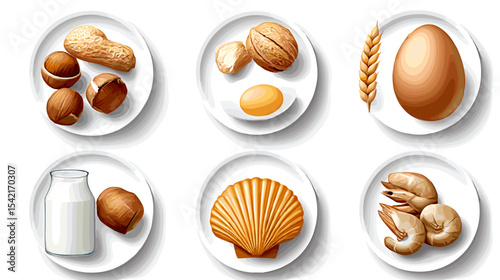 Allergy food products presented on white plates with realistic shading Nutrition and diets